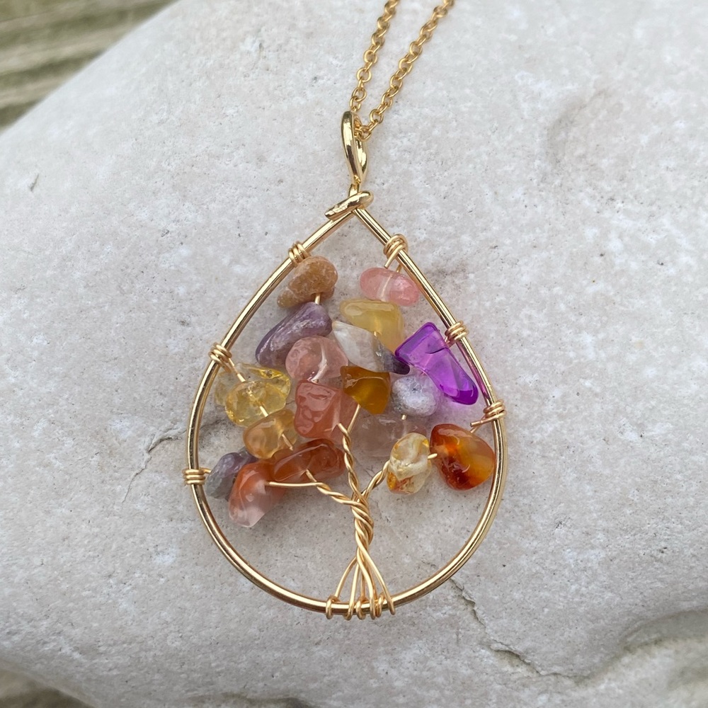 Natural multi stone tree of life wire wrapped necklace stainless steel chain